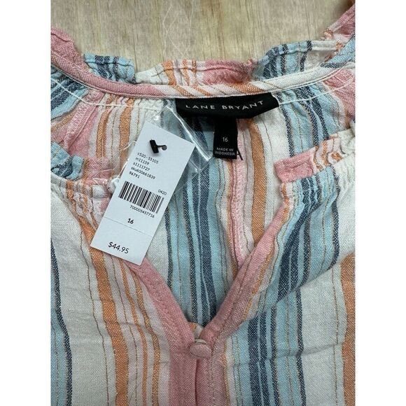 Lane Bryant Linen Blend Striped Button Front Tie Front Blouse SZ 16 - Picture 2 of 6
